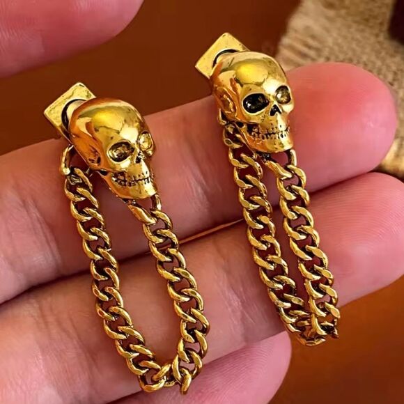 Gold Skull Chain Earrings - Picture 1 of 4